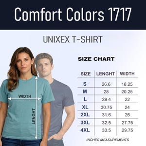 May include: A teal Comfort Colors 1717 unisex t-shirt. The image includes a size chart with measurements in inches for sizes S to 4XL. The shirt is being modeled by a person. Measurements are provided in inches.