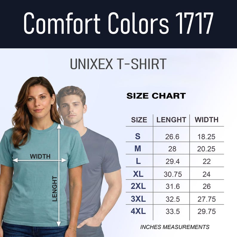 May include: A teal Comfort Colors 1717 unisex t-shirt. The image includes a size chart with measurements in inches for sizes S to 4XL. The shirt is being modeled by a person. Measurements are provided in inches.