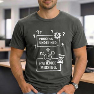 May include: Dark gray t-shirt with the text "PROCESS UNDEFINED." above an angry face and the text "PATIENCE MISSING." White question marks, a gear, and an hourglass are also featured in the design.