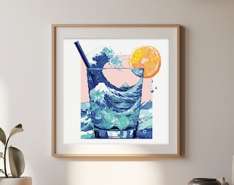 Counted Cross Stitch PDF Pattern "The Great Wave off Kanagawa Cocktail" - Japan Cross Stitch Chart Instant Download Pdf Pattern Keeper