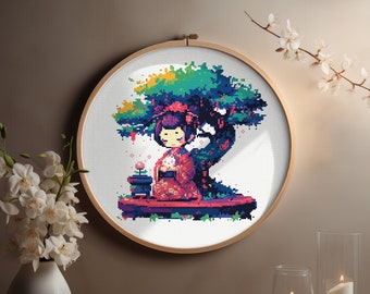 Counted Cross Stitch PDF Pattern "The Geisha’s silent companion" - Mini Japan Cross Stitch Chart Instant Download Pdf Pattern Keeper