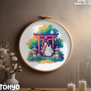 Counted Cross Stitch PDF Pattern &quot;Geisha’s fluffy Friends at the Torii&quot; - Small Japan Cross Stitch Chart Instant Download Pdf Pattern Keeper
