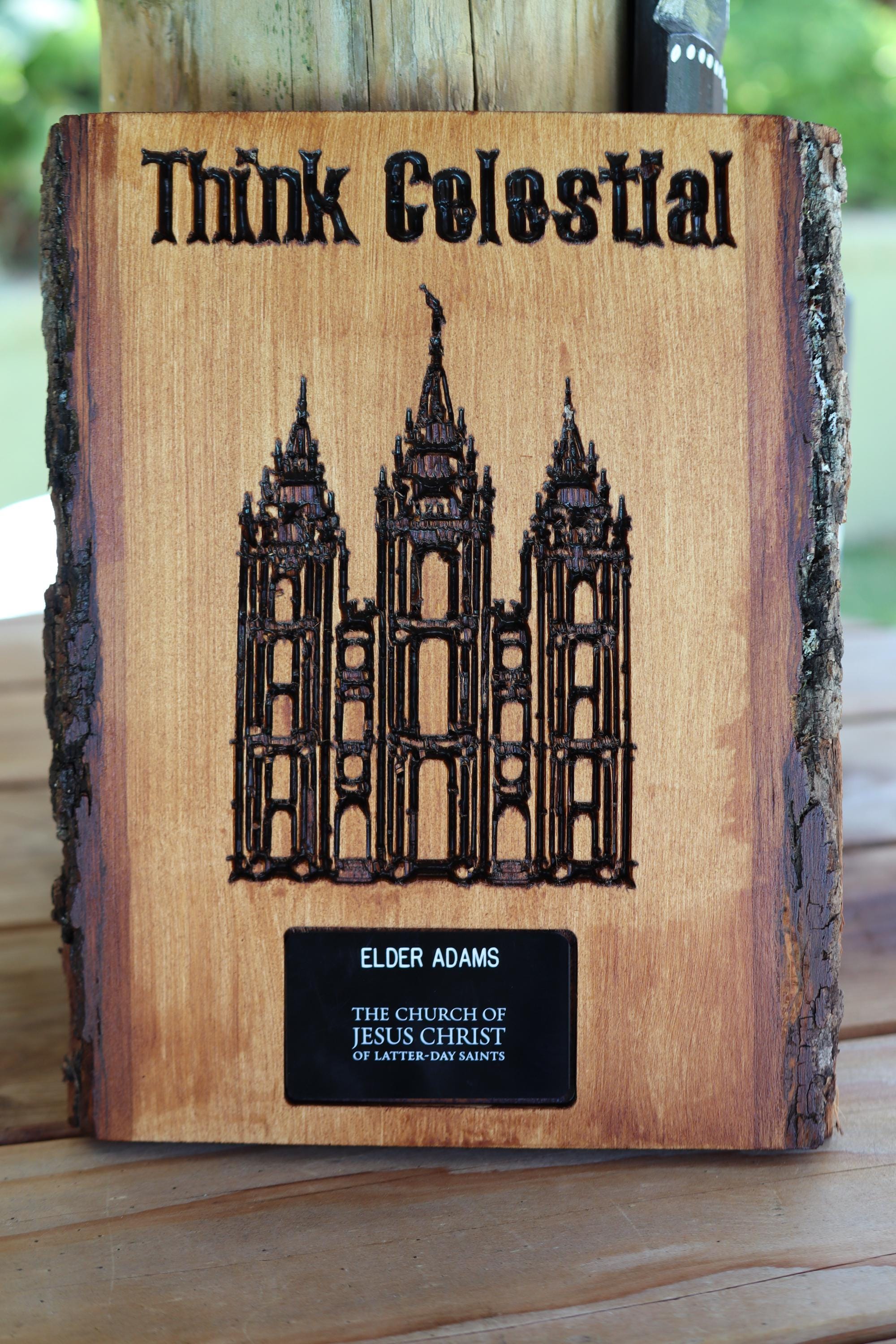 LDS Missionary Plaque CUSTOM ENGRAVING in basswood showcasing your tag and temple