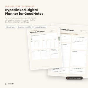 Puede incluir: Una agenda digital para GoodNotes con un sistema de reinicio TDAH y pestañas con hipervínculos. Las páginas color crema incluyen secciones para resúmenes semanales, objetivos, energía y notas, con etiquetas de texto como My week at a glance.