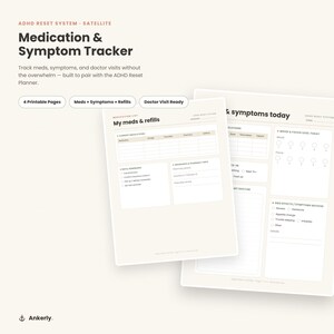 May include: A set of four printable pages titled ADHD Reset System Satellite Medication & Symptom Tracker. The documents feature sections for tracking medications, refills, doctor visits, mood, focus levels, and side effects with a clean layout.