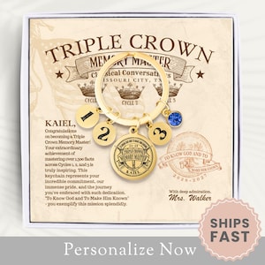 May include: A gold-toned metal keychain featuring three circular charms engraved with the numbers 1, 2, and 3, a larger central circular charm engraved with the text Triple Crown Memory Master and Kaiel, and a single round blue crystal charm.