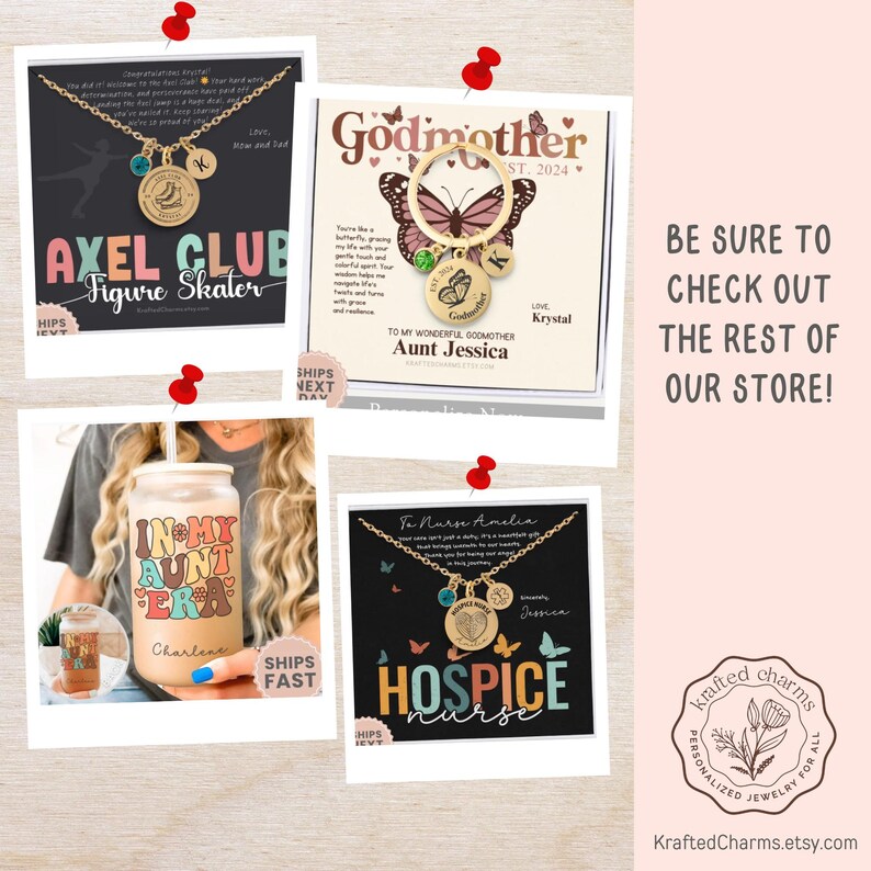 May include: Four different personalized jewelry gift sets featuring a gold butterfly charm with a small crystal charm. The sets are displayed on black and white backgrounds with text that reads "Godmother", "Axel Club Figure Skater", "In My Aunt Era", and "Hospice Nurse".