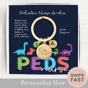 Personalized PEDS Nurse Keychain Cute Peds Nurse Gift for Pediatric Nurse Key Chain Peds Nurse Keyring Peds Nurse Key Fob Notecard Dinosaur