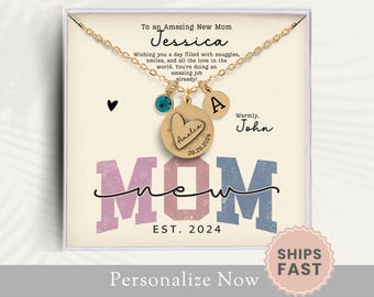 Personalized New Mom Birthstone Necklace Gift For New Mom Necklace First Time Mom Gift Jewelry Custom Notecard Baby Name Birth Date Initial
