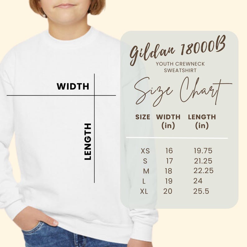 May include: A white youth crewneck sweatshirt with a size chart overlay. The chart displays the Gildan 18000B model with width and length measurements in inches for sizes XS through XL, ranging from 16 to 20 inches in width and 19.75 to 25.5 inches in length.