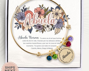 Personalized Abuela Bracelet Gift For Abuela Bangle Mothers Day Abuela Jewelry Abuela Charm Bracelet With Grandkids Birthstones Birthday