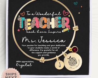 Personalized Teacher Bracelet Gift For Teacher Bangle Jewelry Teacher Appreciation Charm Bracelet Birthstones Gift From Student Card Apple