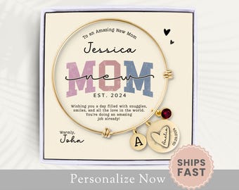 Personalized New Mom Bracelet Gift For New Mom Jewelry First Mothers Day Gift New Mom  Birthstone Bracelet Notecard Name Bangle Birthdate