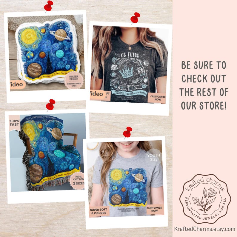 May include: A collage featuring a space-themed sticker, a dark grey t-shirt with a crown graphic and text reading OG TUTOR, a blue space-themed throw blanket, and a light grey t-shirt with a space graphic and text reading CLASSICAL CONVERSATIONS.