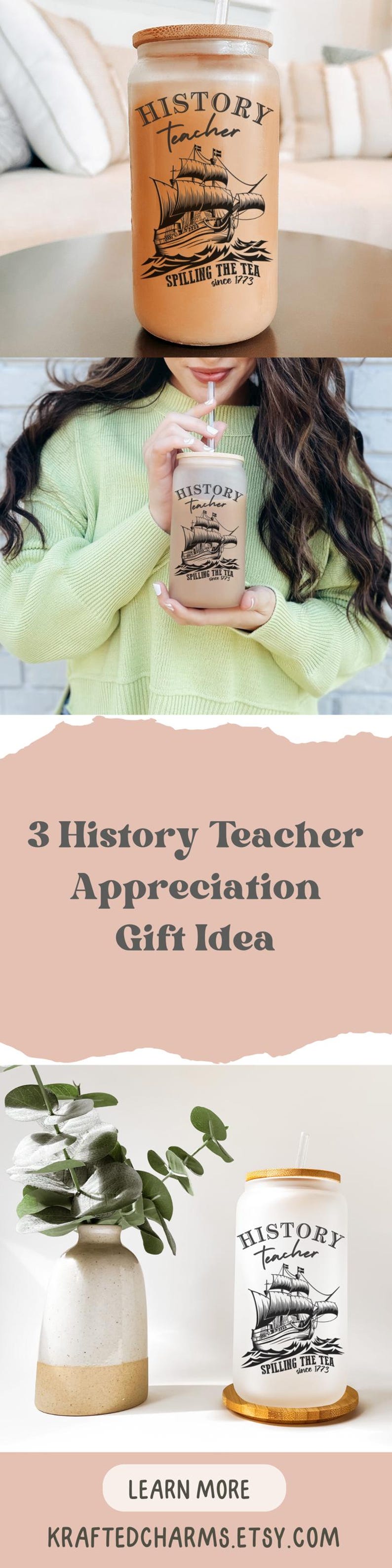 May include: A white tumbler with a black and white illustration of a ship and the text "HISTORY Teacher SPILLING THE TEA since 1773". The tumbler has a bamboo lid and a straw. The tumbler is sitting on a white surface.