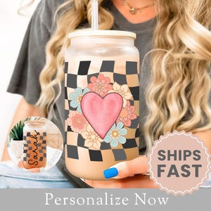 Personalized Checkered Frosted Glass Cup Gift For Retro Lover Christmas Gift Retro Checkered Glass Tumbler Checker Iced Coffee Cup Name Lid