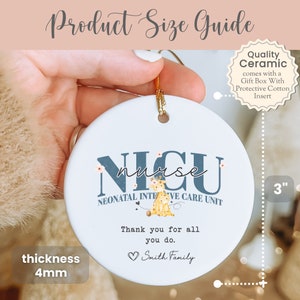 May include: White ceramic bauble with a blue and white design that says "NICU nurse NEONATAL INTENSIVE CARE UNIT" with a giraffe illustration. The bauble is 7.6 cm in diameter and 4 mm thick.