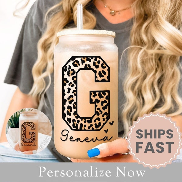 Personalized Leopard Frosted Glass Cup Gift For Mom Mother's Day Gift Leopard Print Glass Tumbler Leopard Iced Coffee Cup Leopard Cup Glass