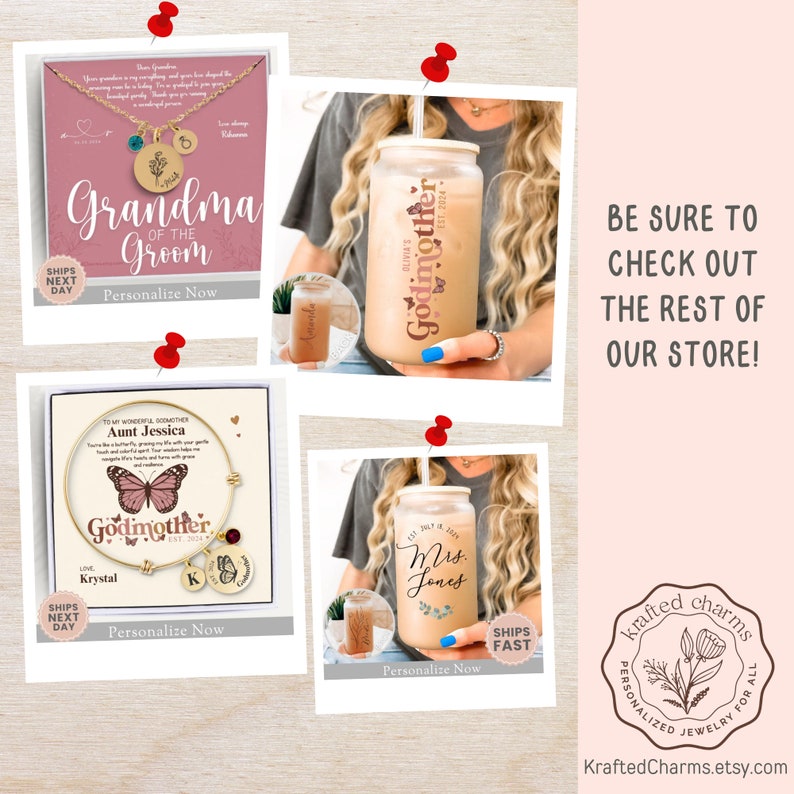 May include: Three personalised gifts featuring a gold charm bracelet with a butterfly charm, a tumbler with the text "Godmother" and a tumbler with the text "Mrs. Jones".
