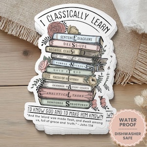 May include: A stack of stickers with a vintage book design. Each book title is visible, including "Sentence Diagrams" and "Analytical Tasks." The stickers are decorated with floral elements and the text "I Classically Learn."