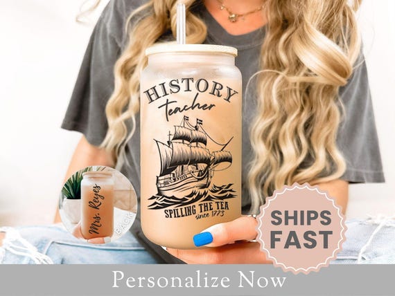 Personalized History Teacher Frosted Glass Cup Gift For History Teacher Iced Coffee Cup Teacher Appreciation History Teacher Glass Tumbler