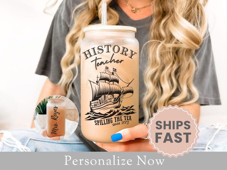 Personalized History Teacher Frosted Glass Cup Gift For History Teacher Iced Coffee Cup