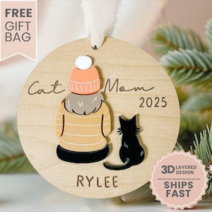 Personalized Cat Mom Ornament Gift For Cat Mom Ornament Laser Engraved Cat Lover Gift Cat Mama Keepsake 3D Cat Shape Ornament Cat Name Year