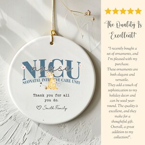 May include: White ceramic ornament with a blue and white design that says "NICU nurse NEONATAL INTENSIVE CARE UNIT". The ornament also features a small illustration of a giraffe and the text "Thank you for all you do. Smith Family".