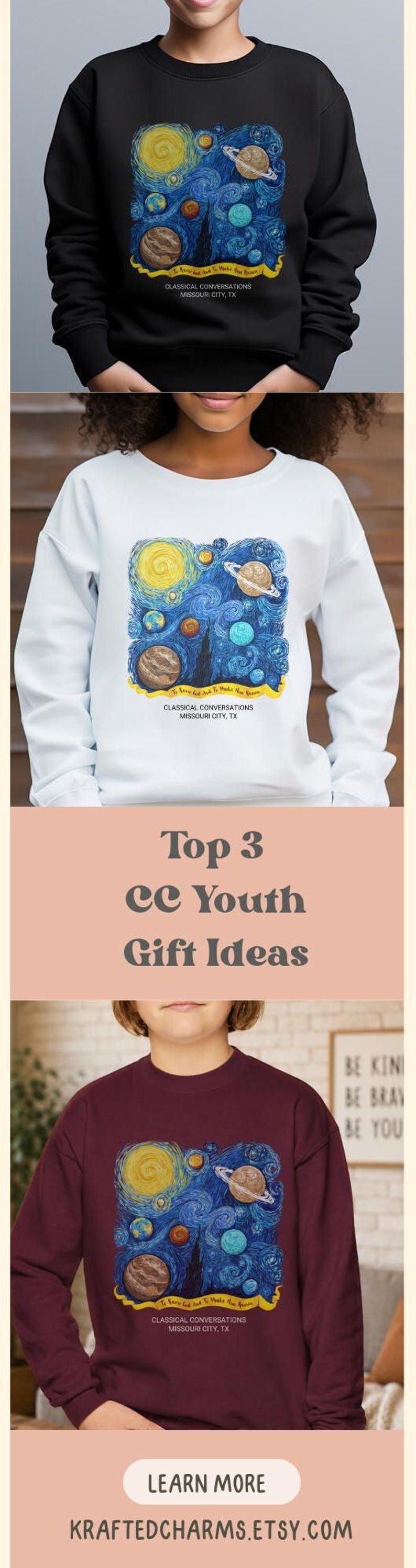 May include: A long-sleeve sweatshirt featuring a graphic of swirling blue space with planets and a yellow banner containing the text "To Know God And To Make Him Known" and "CLASSICAL CONVERSATIONS MISSOURI CITY, TX" printed in black, white, or maroon.