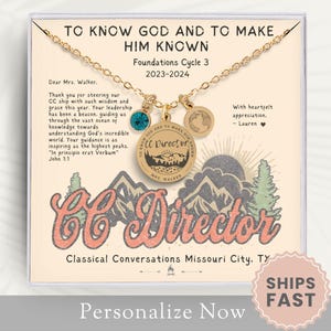 May include: A gold necklace with a blue crystal charm and a gold charm with the words "To Know God and to Make Him Known" and "CC Director". The necklace is in a white box with the text "Classical Conversations Missouri City, TX" and "Ships Fast".