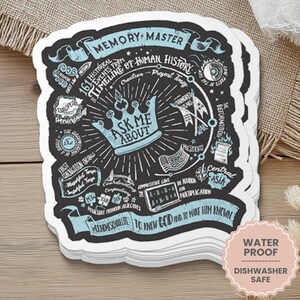 May include: A stack of white stickers with a black and light blue design. The design includes the text "MEMORY+MASTER" and "ASK ME ABOUT" with a crown illustration. Additional text includes "WATER PROOF" and "DISHWASHER SAFE".