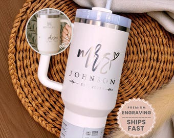 Personalized Bride Tumbler With Handle Engraved Gift For Bride Travel Mug Bridal Shower Gift For Bride To Be Tumbler Mrs Engraved Tumbler