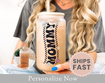 Personalized Mommy Frosted Glass Cup Gift For Mommy Glass Tumbler Mothers Day Gift Mommy Iced Coffee Cup Mama Glass Can Mom Frosted Cup Lid