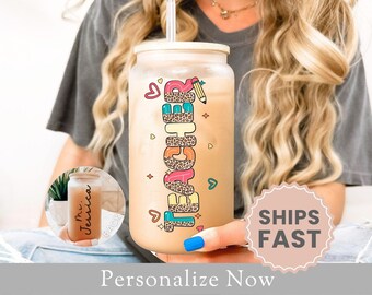 Personalized Teacher Frosted Glass Cup Gift for Teacher Glass Tumbler Teacher Appreciation Gift Teacher Iced Coffee Cup Teacher Frosted Cup