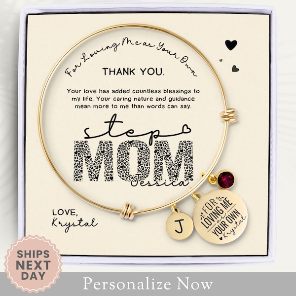 Personalized Stepmom Bracelet Gift for Stepmother Birthday Gift Stepmom Wedding Bracelet Stepmom Jewelry Stepmom Bangle Birthstone Leopard