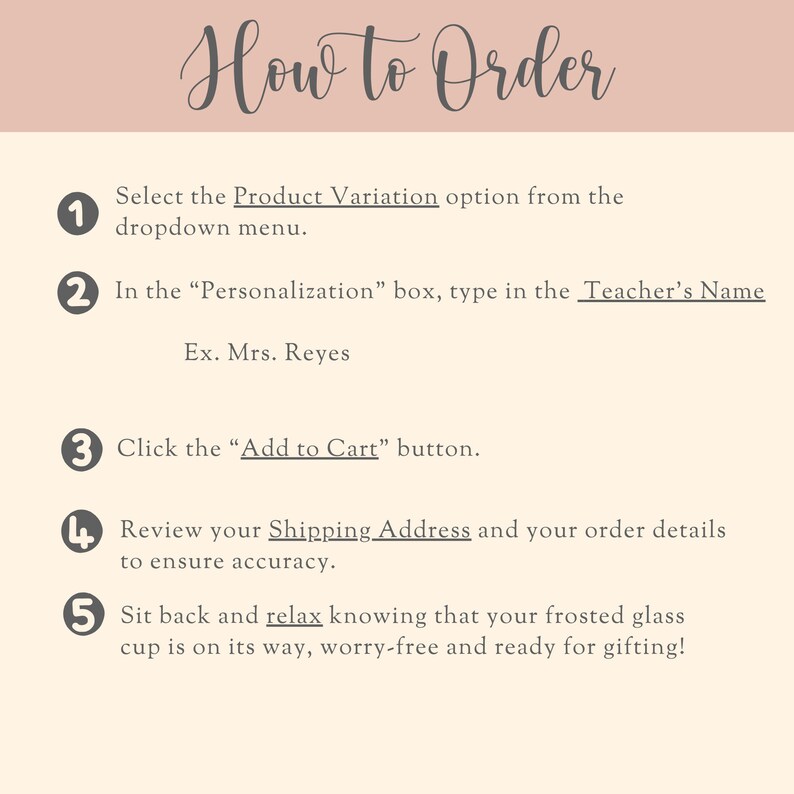 May include: A five-step guide on how to order a personalized product. The steps are numbered 1 through 5 and include selecting the product variation, personalizing the product, adding to cart, reviewing the shipping address, and confirming the order.
