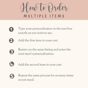 May include: A five-step guide on how to order multiple items. The steps are numbered 1 through 5 and include instructions on how to personalize each item and add it to your cart.