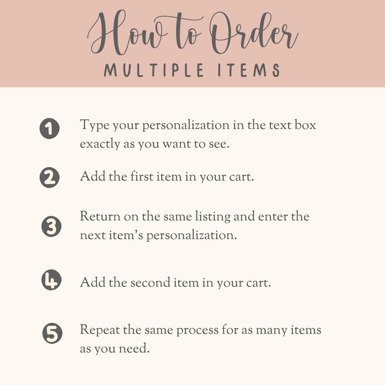 May include: A five-step guide on how to order multiple items. The steps are numbered 1 through 5 and include instructions on how to personalize each item and add it to your cart.