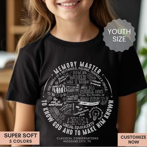 May include: Black youth-size t-shirt with a white graphic design. The design includes the words "Memory Master" and other text about history, geometry, and the world. The shirt also has the text "Classical Conversations Missouri City, TX".