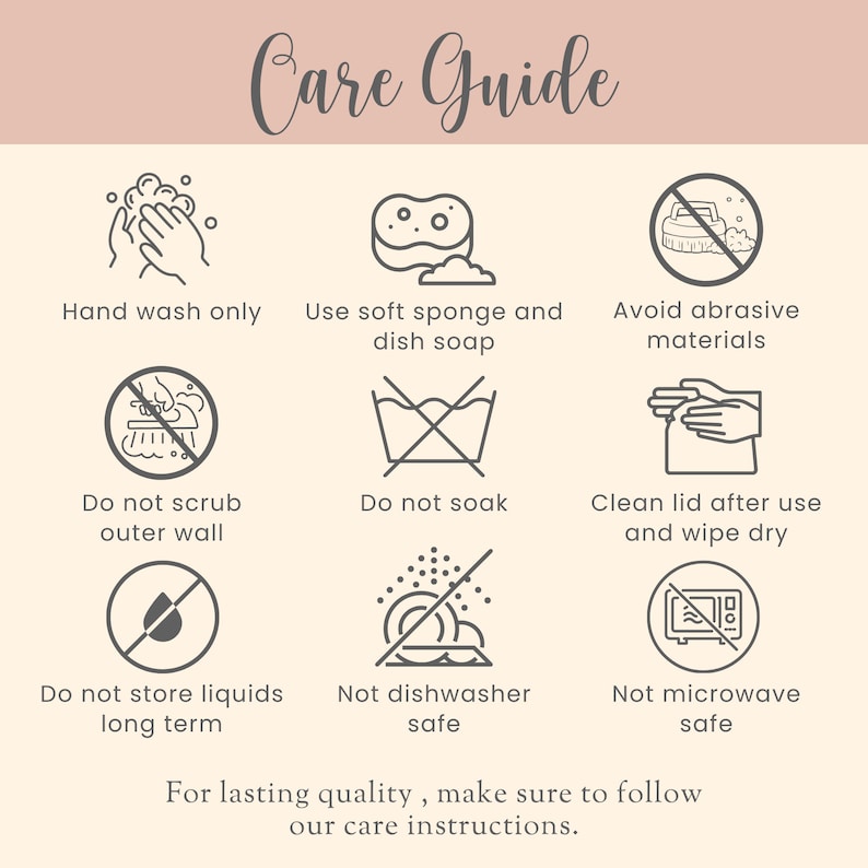 May include: A care guide for a product with instructions for hand washing, using a soft sponge and dish soap, avoiding abrasive materials, not scrubbing the outer wall, not soaking, cleaning the lid after use and wiping dry, not storing liquids long term, not using a dishwasher, and not using a microwave.