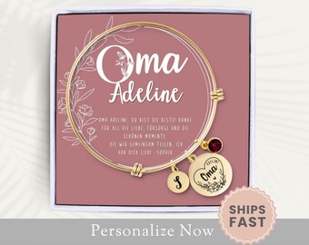 Personalized Oma Bracelet Gift For Oma Jewelry Oma Charm Bracelet Oma Bangle Mothers Day Gift From Grandkids Name Bracelet Notecard Flower