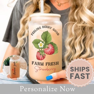 Personalized Strawberry Glass Cup Gift For Strawberry Lover Glass Tumbler Summer Coffee Cup Strawberry Iced Coffee Cup Strawberry Cup Gift