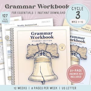 May include: A spiral-bound Grammar Workbook Student Edition featuring a Liberty Bell illustration on the cover. The set includes 127 total pages, a 31-page answer key, and covers 12 weeks of lessons with 8 pages per week in US letter size.