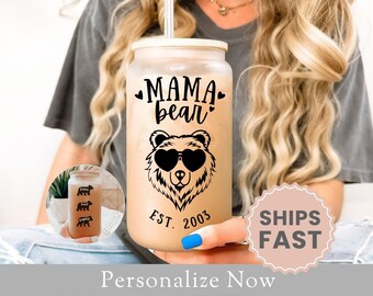 Personalized Mama Bear Frosted Glass Cup Gift For Mama Bear Glass Tumbler Mothers Day Gift Mom Bear Iced Coffee Cup Mama Bear Cup Bear Cubs