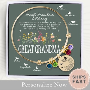 Personalized Great Grandma Bracelet Gift For Great Grandma Bangle Mother’s Day Gift Great Grandma Jewelry Charm Bracelet Birthstone Notecard