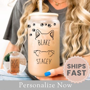 Personalized Dog Mom Frosted Glass Cup Gift For Dog Mom Glass Tumbler Dog Memorial Gift Dog Mom Iced Coffee Cup Mothers Day Gift Fur Mom Lid