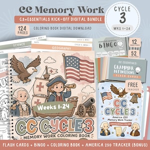 May include: A digital bundle titled CC Memory Work Cycle 3 featuring a 124-page coloring book, grammar bingo, flashcards, and an America 250 tracker. The cover displays a cartoon explorer on a ship, an American flag, a bald eagle, and a cannon.