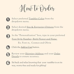 Op de afbeelding: Een beige afbeelding met de titel "How to Order" in elegant schrift. Instructies omvatten het selecteren van de bekerkleur en -grootte, het invoeren van personalisatiegegevens, het toevoegen aan de winkelwagen en het bekijken van bestelgegevens.
