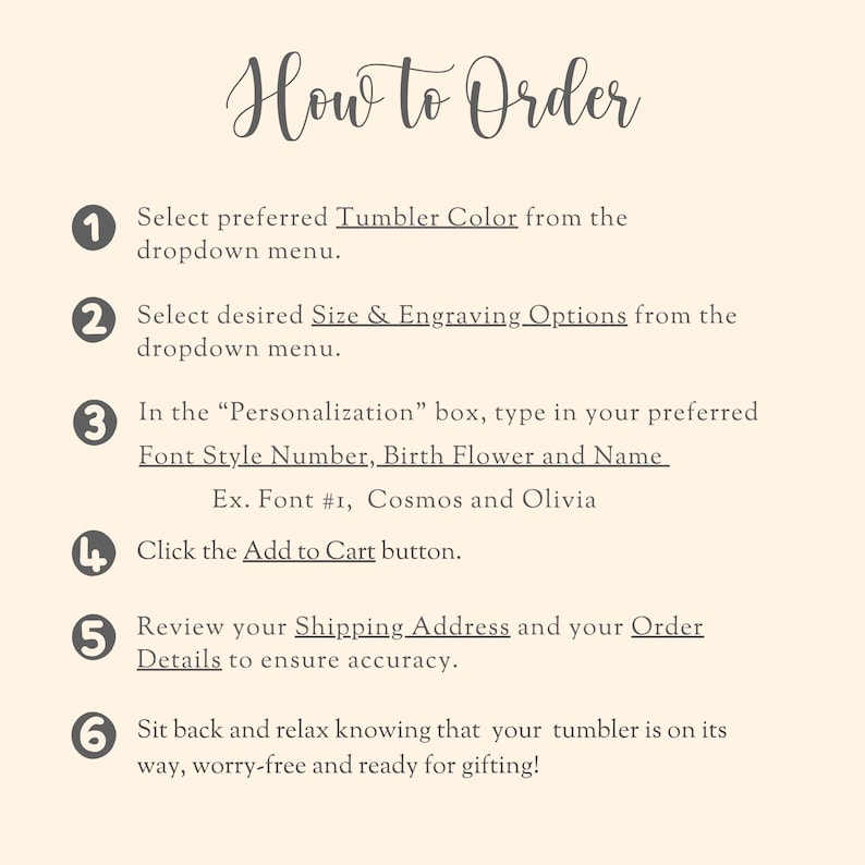 Op de afbeelding: Een beige afbeelding met de titel "How to Order" in elegant schrift. Instructies omvatten het selecteren van de bekerkleur en -grootte, het invoeren van personalisatiegegevens, het toevoegen aan de winkelwagen en het bekijken van bestelgegevens.