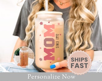 Personalized Mom Glass Cup With Kid Names Gift For Mom Ice Coffee Cup Mothers Day Gift New Mom Frosted Glass Mom Glass Can Tumbler Lid Straw